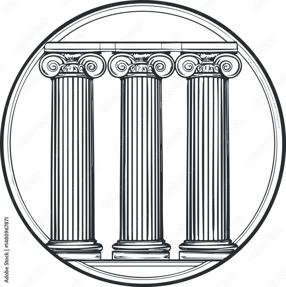 Poster black and white illustration of three classical ionic columns inside a circular frame representing a