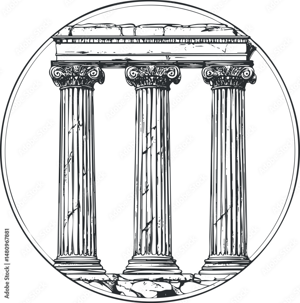 Poster black and white engraving of three classical ancient stone columns with ornate capitals in a round f