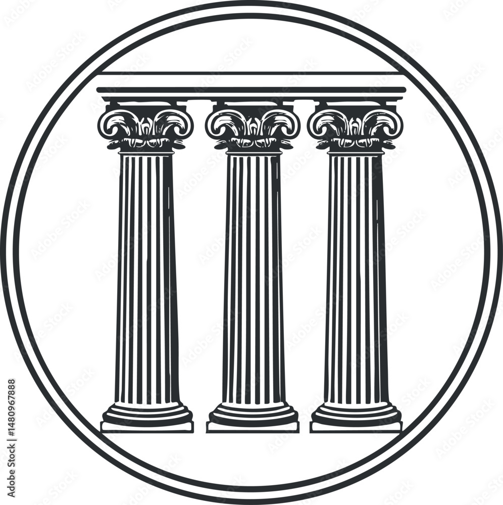 Poster illustration of three classical greek columns with ornate capitals inside a circular frame