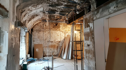 Obraz premium Interior Renovation of an Old Building with Exposed Stone Walls