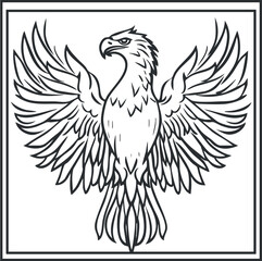 Obraz premium Black and white line art illustration of an eagle with spread wings inside a square frame