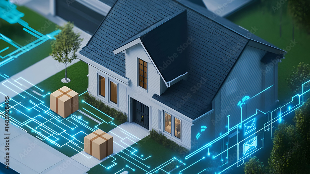 Poster isometric view of smart home with delivery boxes and digital network overlay