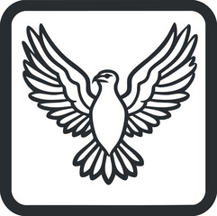 Black and white outline illustration of an eagle with wings spread wide in flight, symbolizing power and freedom.