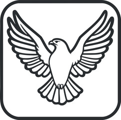 Black and white outline illustration of an eagle with spread wings inside a square frame