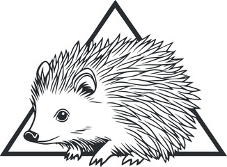 Black and white line art illustration of a hedgehog with spiky fur in front of a triangle background