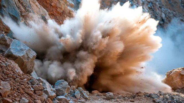 An explosive blast sends a cloud of debris and dust soaring into the air, capturing the raw power of mining activity against a rugged landscape of earth and rock.
