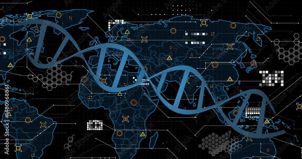 Poster dna helix spiraling across neon map on dark grid, interface showing data linking global clusters