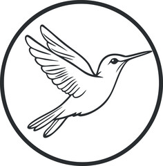 Simple black and white line art of a hummingbird flying inside a circular frame