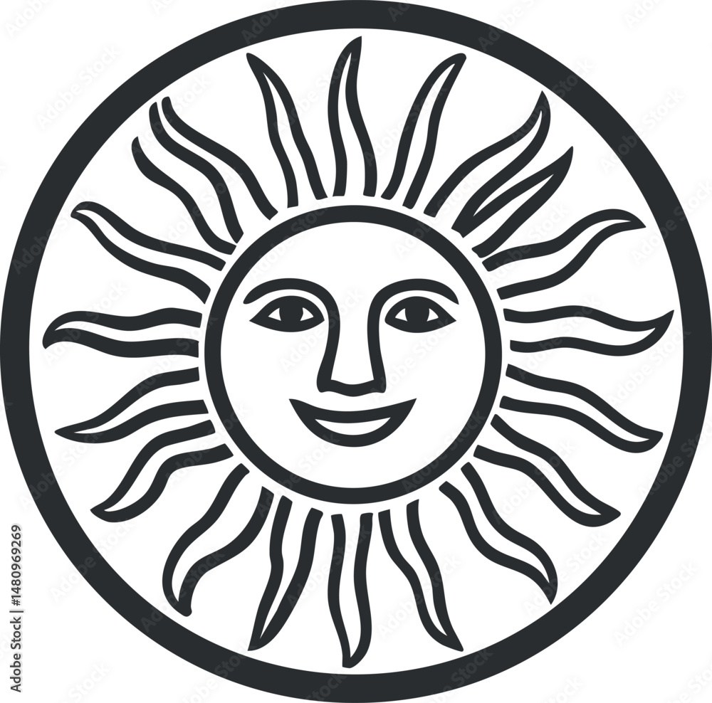 Poster black and white sun symbol with a smiling face inside a circular border representing warmth and dayl