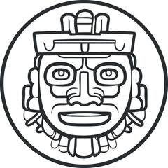 Black and white line art of an ancient tribal mask symbol inside a circular frame representing Mayan or Aztec culture