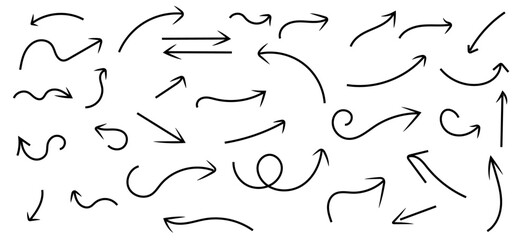 Hand drawn arrow icons set for navigation and direction on isolated transparent background, curved, straight, spiral, and directional arrows for infographics, signage, and other design.