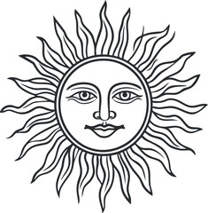 Black and white line art of a sun with a human face and stylized rays, symbolizing warmth and light.