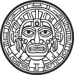 Black and white illustration of an ancient Aztec calendar stone featuring a stylized face and intricate geometric patterns.