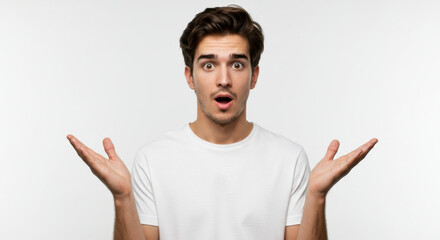 Surprised Young Man with Hands Raised in Confused Reaction on White Background