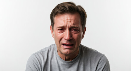 Crying Middle-Aged Man with Tears Running Down Face in Grey T-Shirt on White Background