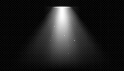 Bright stage spotlight beam on dark background. Vector light ray with transparent glow and projector effect. Ideal for concert scenes, theater shows or party event designs.