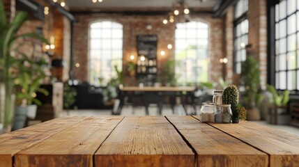 Rustic wooden tabletop in cafe setting with cactus and jars