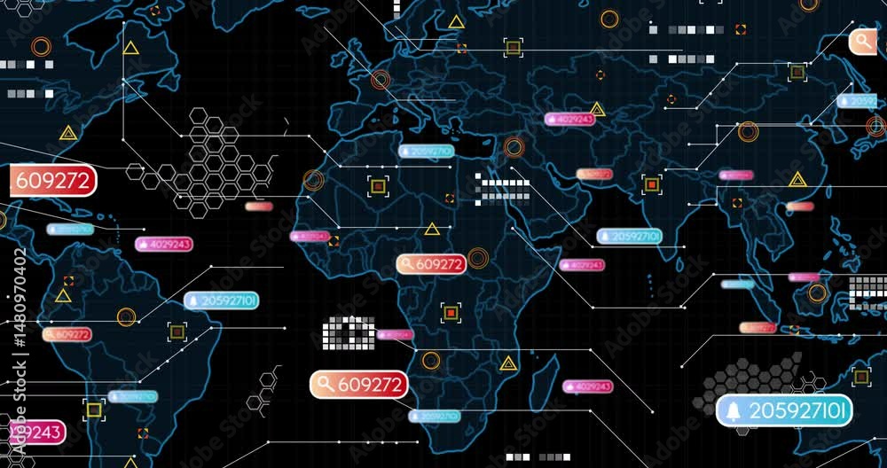 Poster world map being animated in dark digital dashboard, showing glowing outlines, numeric tags, icons