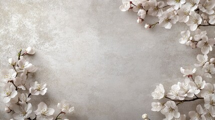 White blossom branches frame a light grey textured background.