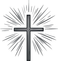 Black and white illustration of a Christian cross with radiant light rays shining outward symbolizing faith and spirituality