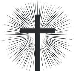 Black silhouette of a Christian cross with radiating light rays symbolizing faith and spirituality