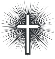 Black and white illustration of a Christian cross with radiant light beams symbolizing faith and spirituality.
