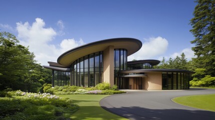 Modern architectural design featuring a unique curved structure surrounded by lush greenery, ideal for real estate promotions, home design articles, or environmental landscaping projects,
