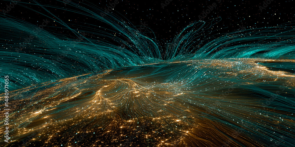Poster abstract image of teal and gold glowing lines, resembling flowing energy or data streams, creating a