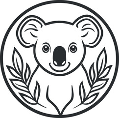 Black and white vector illustration of a cute koala face with leaves inside a circle icon