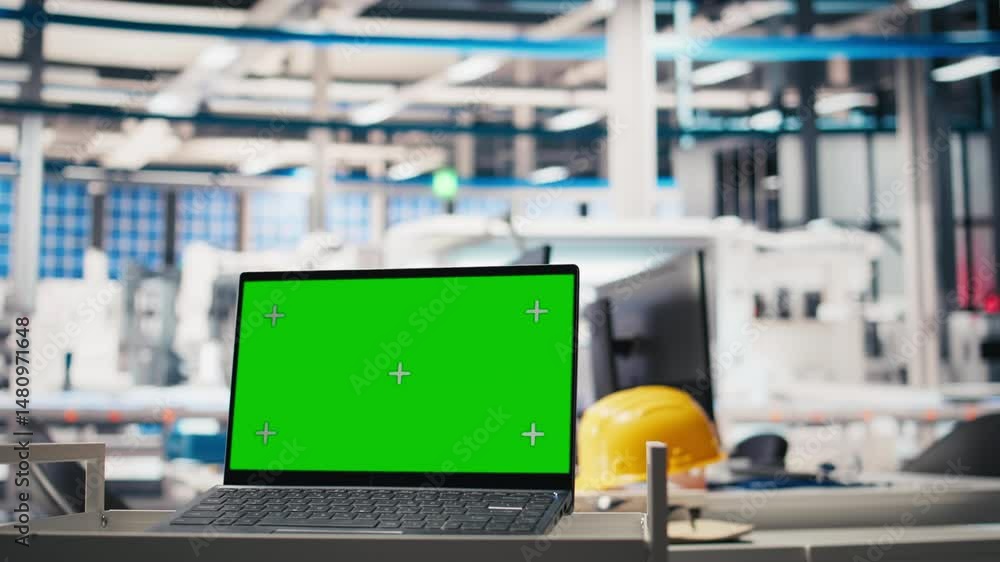 Poster empty desk with copy space display on pc assists in solar panel factory, manufacturing process in th