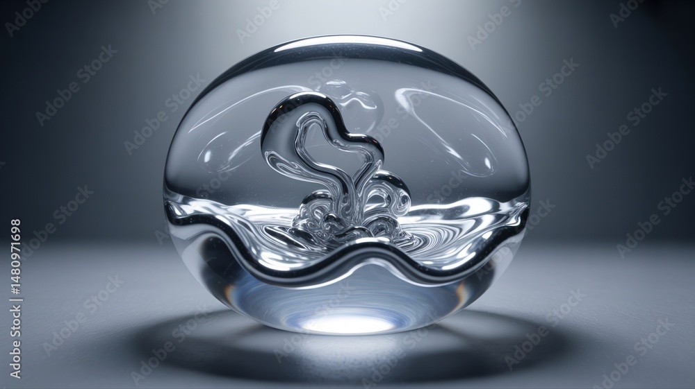 Poster liquid mercury flowing into a crystal clear spherical mould, with the surface shifting and rippling 