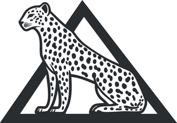 Black and white illustration of a cheetah sitting inside a triangle shape with spotted fur pattern