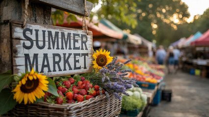 Rustic summer market sign with strawberries sunflowers and lavender