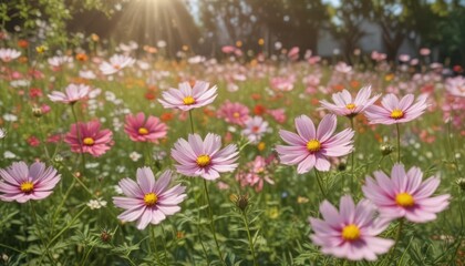 Cosmos flowers in full bloom, sunny garden setting, soft focus background ,  blossoms,  soft focus,  texture