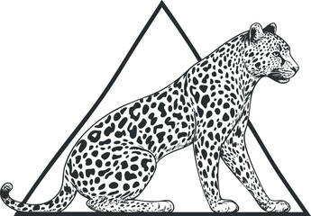 Black and white illustration of a sitting leopard with detailed spots inside a triangle shape