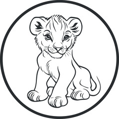 Black and white line drawing of a cute lion cub sitting inside a circular frame