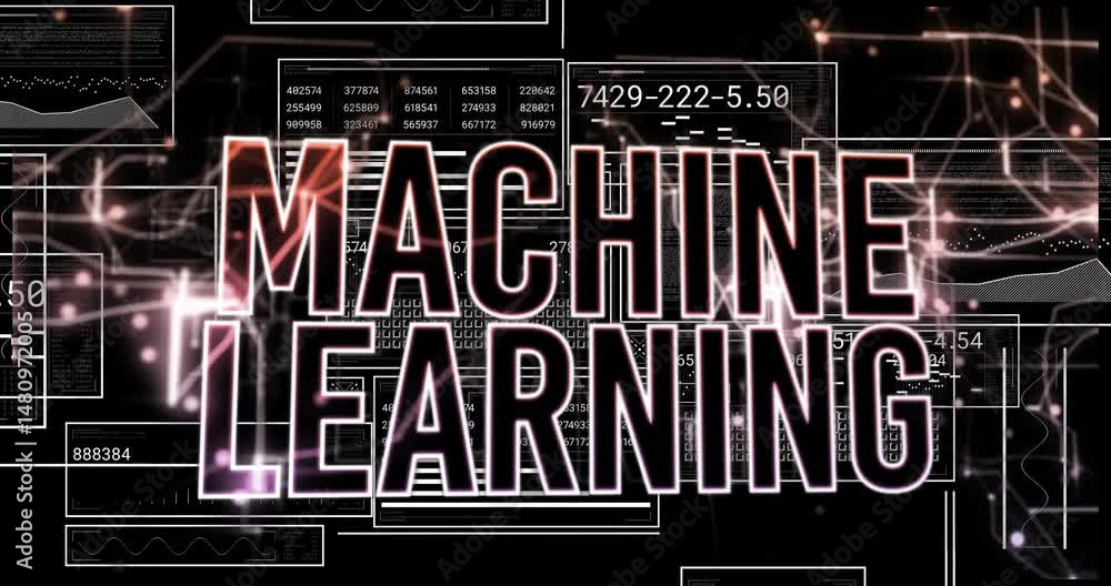 Poster MACHINE LEARNING text floating over digital panels, displaying numeric grids and glowing nodes