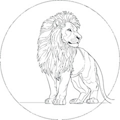 Line art drawing of a lion standing with detailed mane and muscular body in black and white