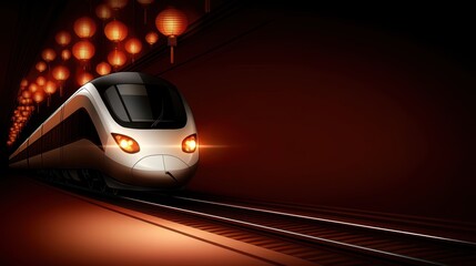 Fototapeta premium A sleek, modern train is emerging from a dark tunnel illuminated by vibrant lanterns, This captivating image can be used for travel promotions, transport services, or urban development projects,