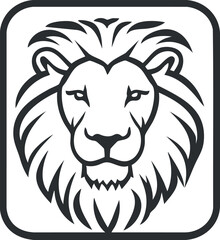 Obraz premium Black and white graphic illustration of a lion's head with a detailed mane inside a rounded square frame