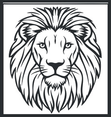Black and white line art illustration of a lion head with a detailed mane symbolizing strength and majesty