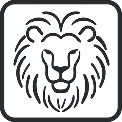 Fototapeta premium Black and white stylized lion head illustration with detailed mane in square frame