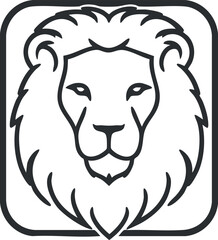 Black and white line art illustration of a lion's face inside a rounded square frame symbolizing strength and wildlife
