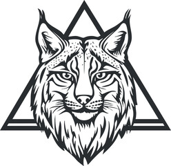 Black and white illustration of a lynx head with detailed fur and facial features inside a triangle shape