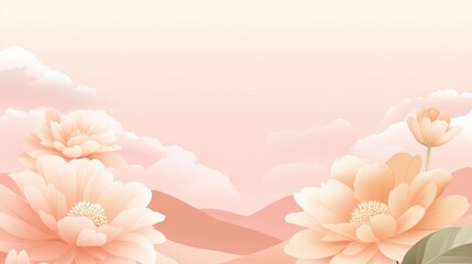 A serene landscape featuring soft pink flowers against a gentle backdrop of clouds and rolling hills, Ideal for wellness, nature, or beauty themes in marketing materials or personal projects,