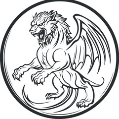 Black and white line art illustration of a fierce winged griffin inside a circle emblem