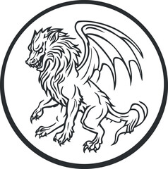 Black and white line art of a fierce mythical winged dragon inside a circle emblem