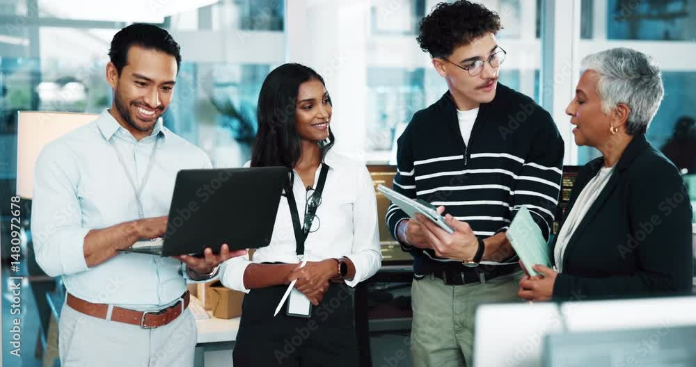 Poster Group, people and developer on tablet in office for programming, IT training and software update. Employees, digital and discussion for website development, coding server and troubleshooting system