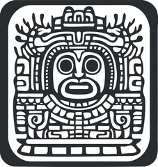 Ancient Mayan black and white glyph symbol representing cultural and mystical themes in art