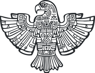 Black and white Aztec eagle symbol with intricate tribal patterns and spread wings design